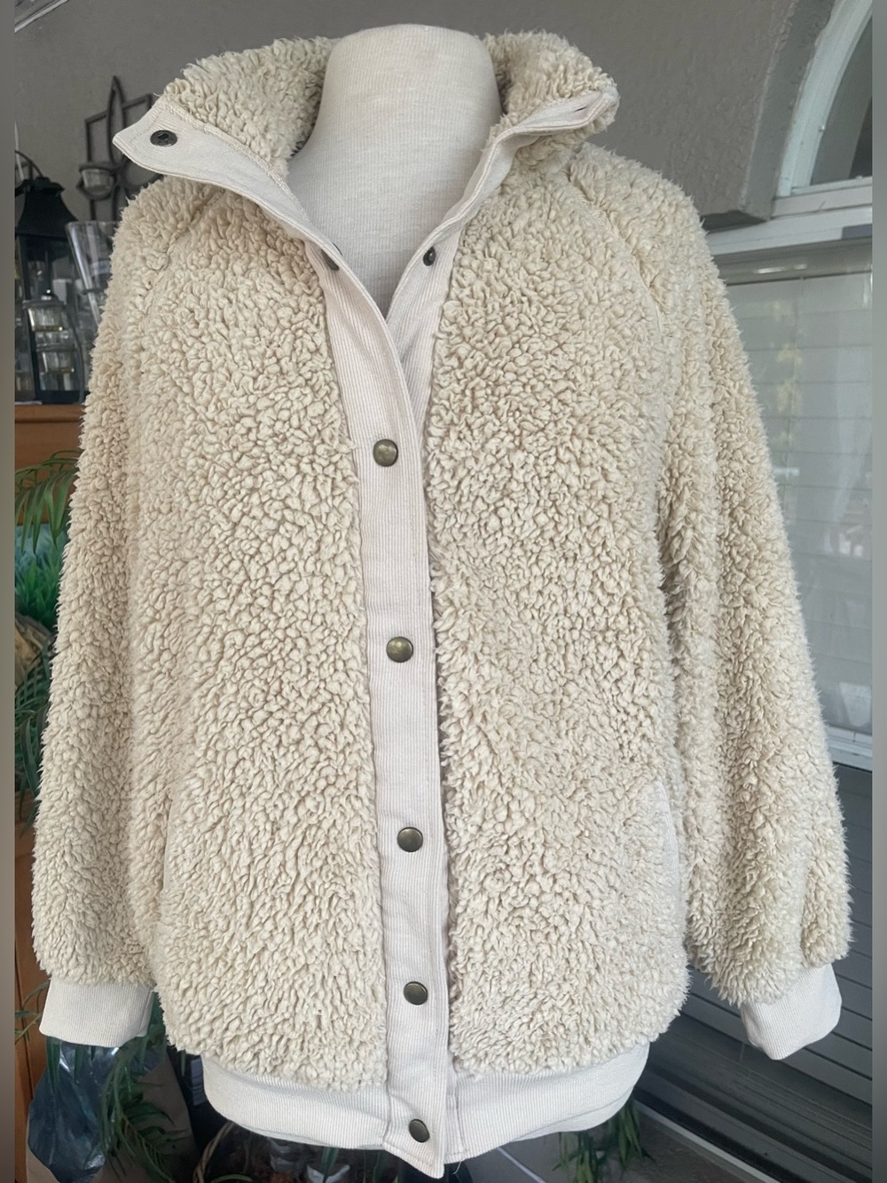 Women's Cream Teddy Sherpa Jacket with Snap Front